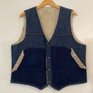 Vintage Men’s Denim and Shearling Vest with Patchwork Pockets